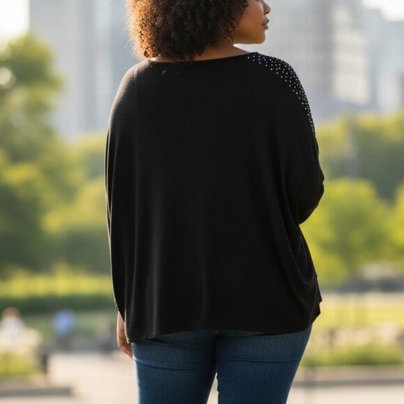 NWT Anne Klein Black Embellished Studded Pullover Sweater Rhinestone Top L - Picture 4 of 7